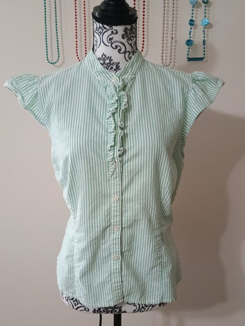 Vintage Tommy Hilfiger Green Striped Ruffle Blouse Sz. XL